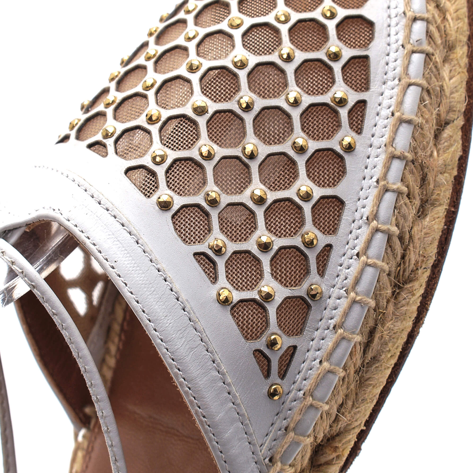 Aquazzura - White Knitted & Gold Stud Sandals Espadrilles